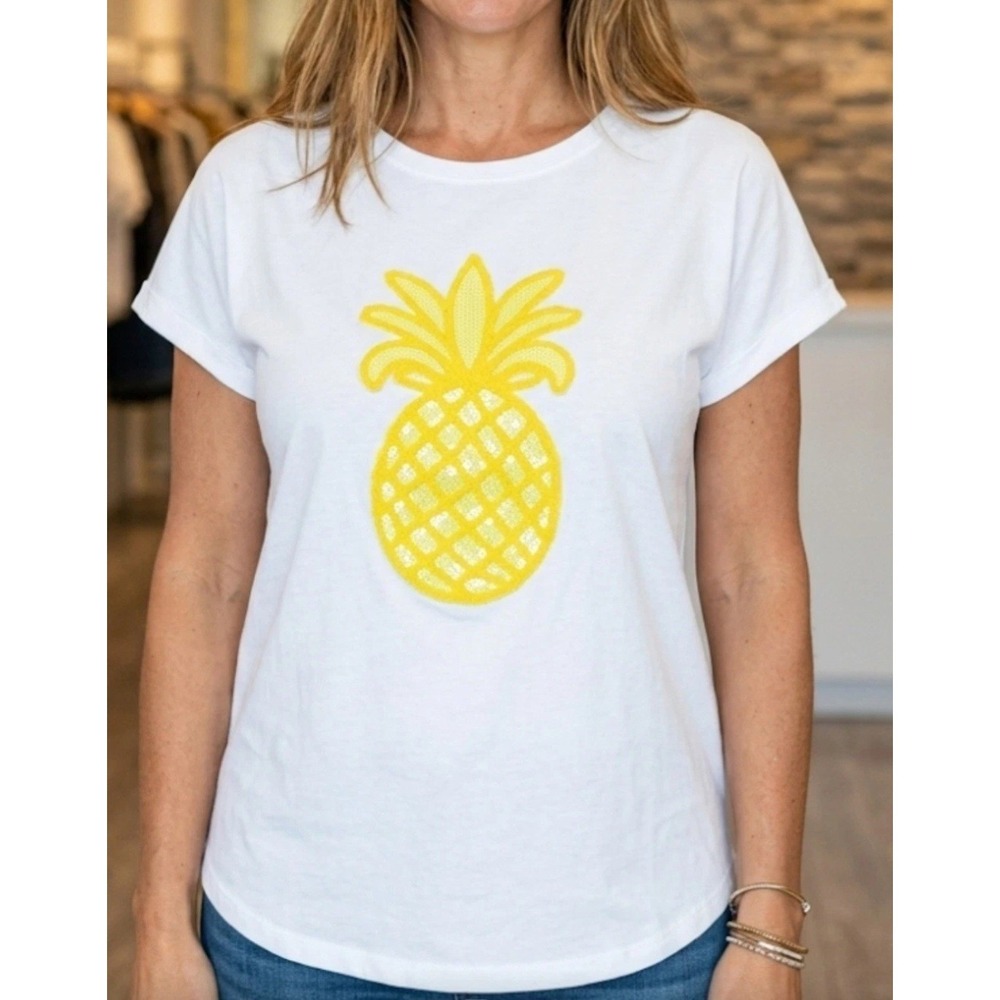 Alexis Taylor WhiteWomens Shirt Crew Neck 3DSequin Chenelle Pineapple 3X Cruise